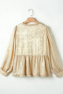 Sale Dear-Lover Metallic Frilled V Neck Puff Sleeve Babydoll Blouse Gold