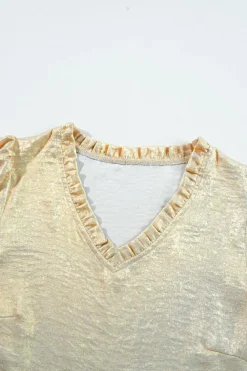 Sale Dear-Lover Metallic Frilled V Neck Puff Sleeve Babydoll Blouse Gold
