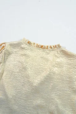 Sale Dear-Lover Metallic Frilled V Neck Puff Sleeve Babydoll Blouse Gold
