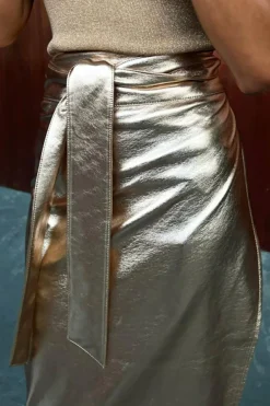 Hot Dear-Lover Metallic Leather Knotted Wrap Midi Skirt Gold