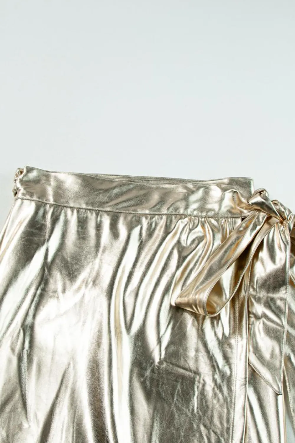 Hot Dear-Lover Metallic Leather Knotted Wrap Midi Skirt Gold
