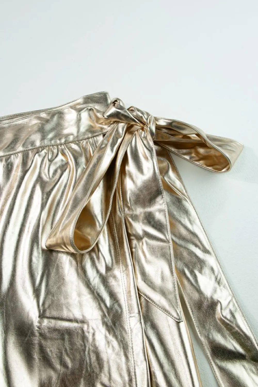 Hot Dear-Lover Metallic Leather Knotted Wrap Midi Skirt Gold