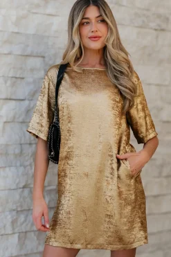 Discount Dear-Lover Metallic Luster Crewneck Mini T-Shirt Dress Gold