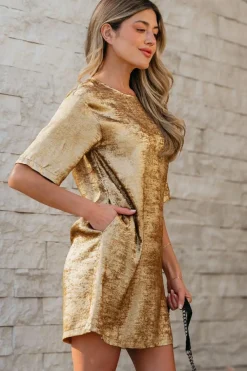 Discount Dear-Lover Metallic Luster Crewneck Mini T-Shirt Dress Gold