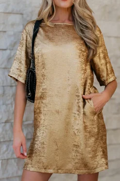 Discount Dear-Lover Metallic Luster Crewneck Mini T-Shirt Dress Gold