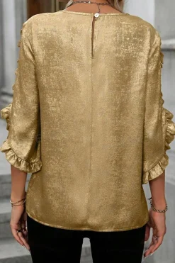 Outlet Dear-Lover Metallic Luster Frilled Half Sleeve Blouse Gold