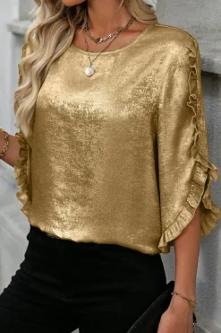 Outlet Dear-Lover Metallic Luster Frilled Half Sleeve Blouse Gold