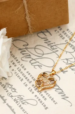 New Dear-Lover Mom Heart Shape Crystal Decor Alloy Pendant Necklace Gold