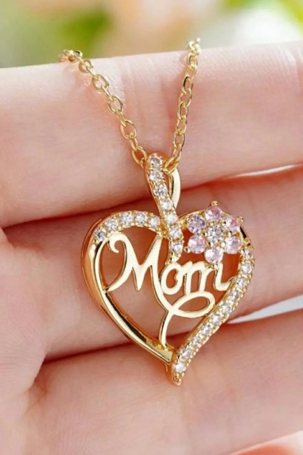 Discount Dear-Lover Mom Rhinestone Flower Hollow-out Heart Necklace Gold