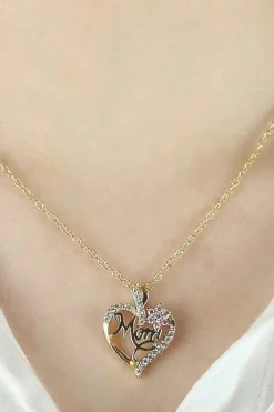 Discount Dear-Lover Mom Rhinestone Flower Hollow-out Heart Necklace Gold
