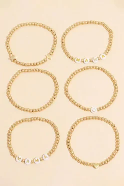 Online Dear-Lover 6Pcs MAMA Heart Star Shape Plated Beaded Bracelet Set Gold