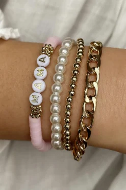 Discount Dear-Lover 4PCS MAMA Pearls Beaded Chain Bracelets Set Gold