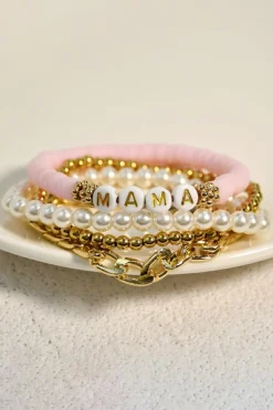 Discount Dear-Lover 4PCS MAMA Pearls Beaded Chain Bracelets Set Gold