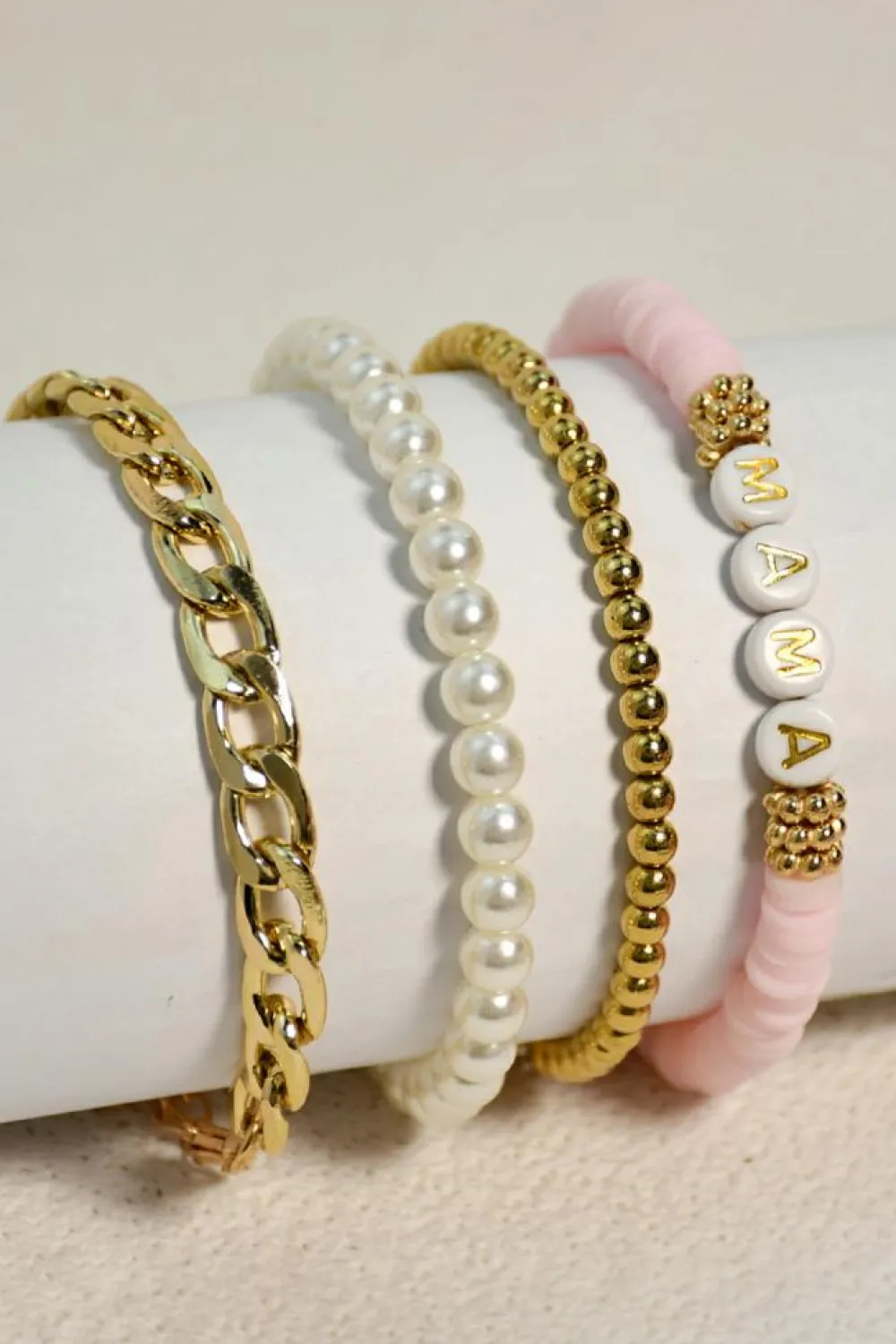 Discount Dear-Lover 4PCS MAMA Pearls Beaded Chain Bracelets Set Gold
