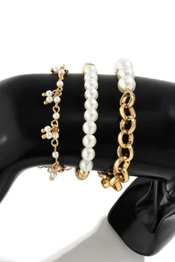 Fashion Dear-Lover 3pcs Pearl Plated Alloy Beaded Bracelet Set Gold