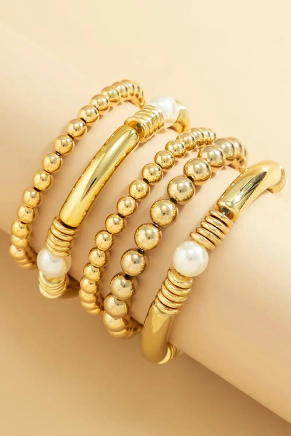 New Dear-Lover 5pcs Pearl Plated Beaded Bracelet Set Gold