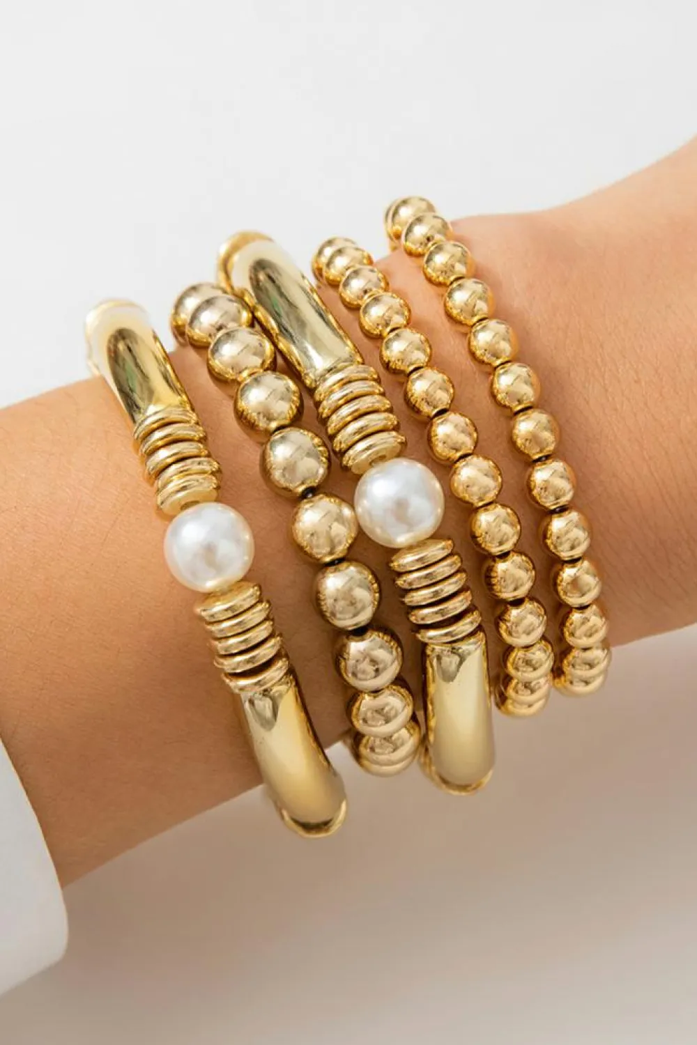 New Dear-Lover 5pcs Pearl Plated Beaded Bracelet Set Gold