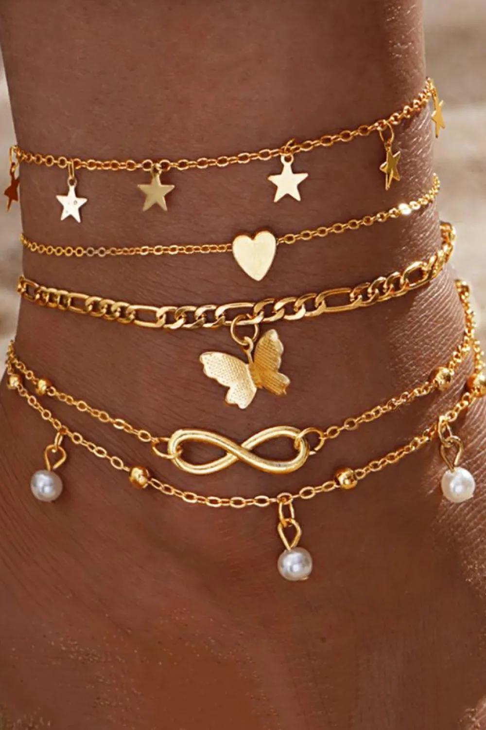 Clearance Dear-Lover Pearl Butterfly Multi-layer Pendant Anklet Gold