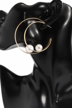 New Dear-Lover Pearl Decor Dual Hook Stud Earrings Gold