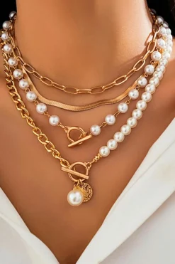 Outlet Dear-Lover Pearl Decor Plated Adjustable Chain Layered Necklace Gold
