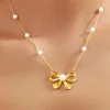 Sale Dear-Lover Pearl Decor Plated Bow Knot Pendant Necklace Gold