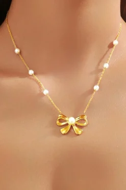 Sale Dear-Lover Pearl Decor Plated Bow Knot Pendant Necklace Gold