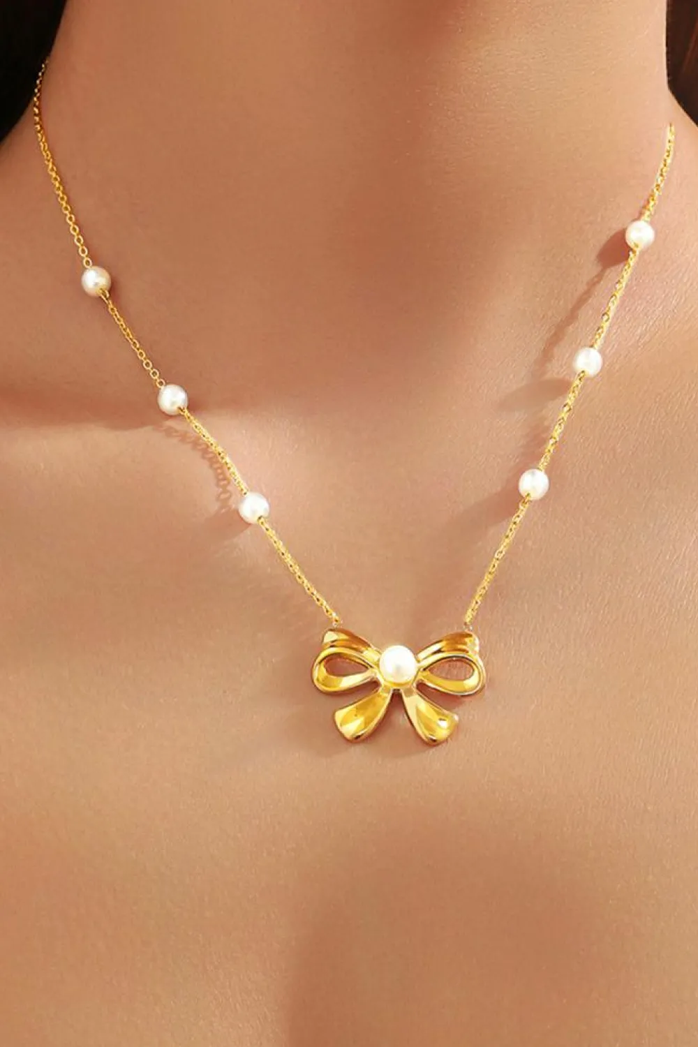 Sale Dear-Lover Pearl Decor Plated Bow Knot Pendant Necklace Gold
