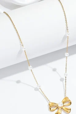 Sale Dear-Lover Pearl Decor Plated Bow Knot Pendant Necklace Gold