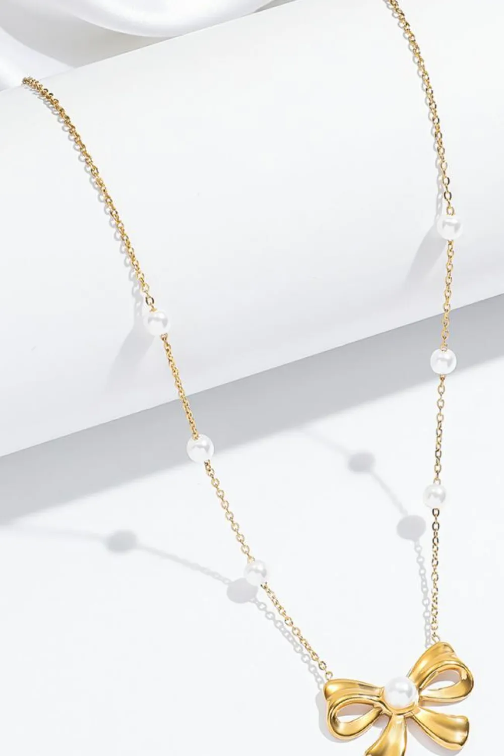 Sale Dear-Lover Pearl Decor Plated Bow Knot Pendant Necklace Gold