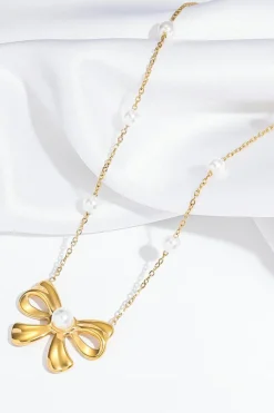 Sale Dear-Lover Pearl Decor Plated Bow Knot Pendant Necklace Gold