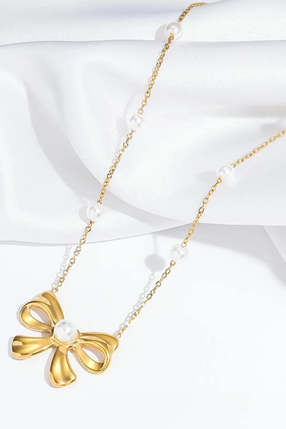 Sale Dear-Lover Pearl Decor Plated Bow Knot Pendant Necklace Gold