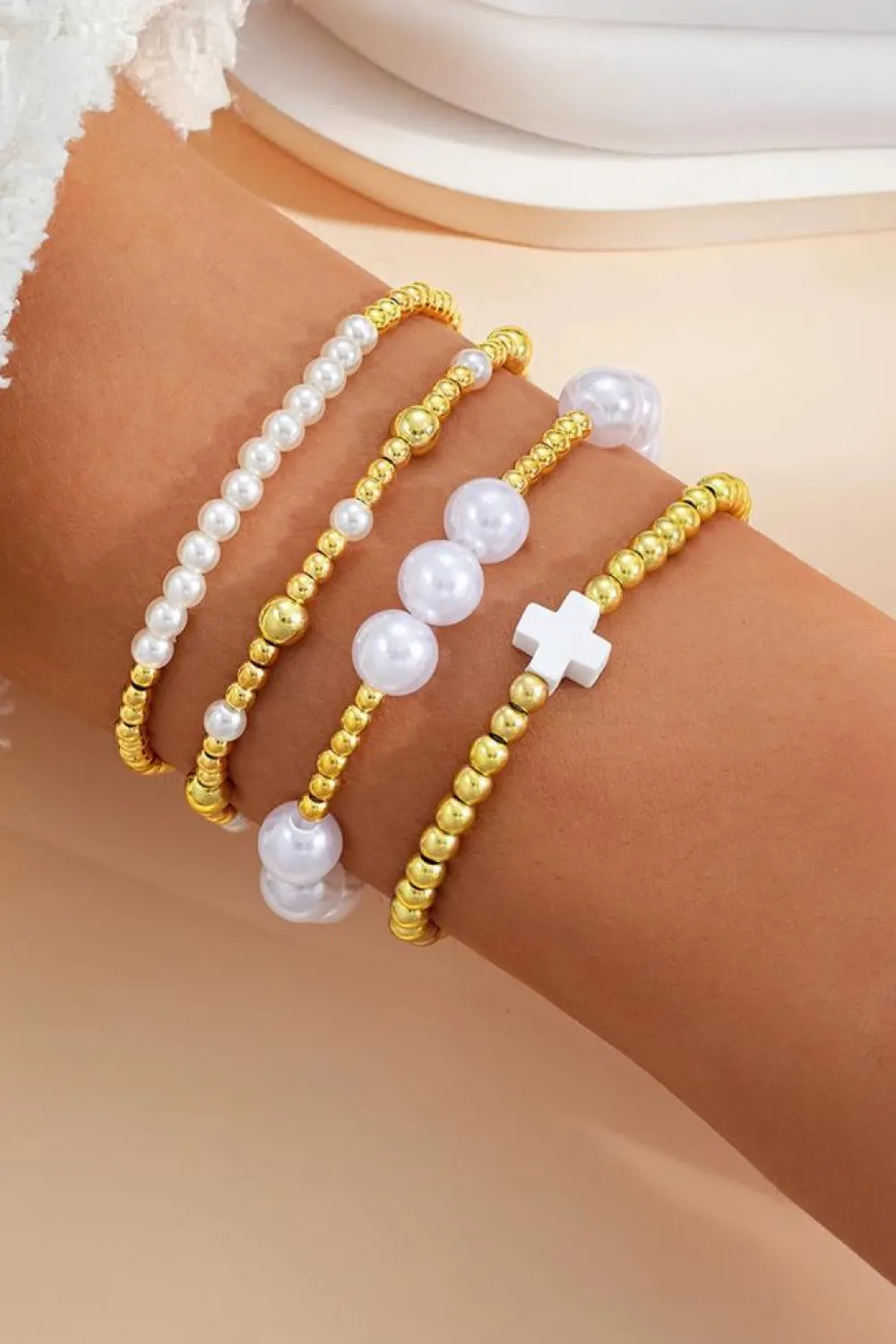 Clearance Dear-Lover Pearl Plated Alloy Multi Layer Stretch Bracelet Gold