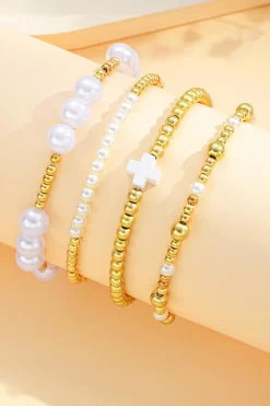 Clearance Dear-Lover Pearl Plated Alloy Multi Layer Stretch Bracelet Gold