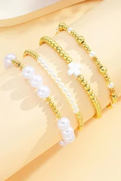 Clearance Dear-Lover Pearl Plated Alloy Multi Layer Stretch Bracelet Gold