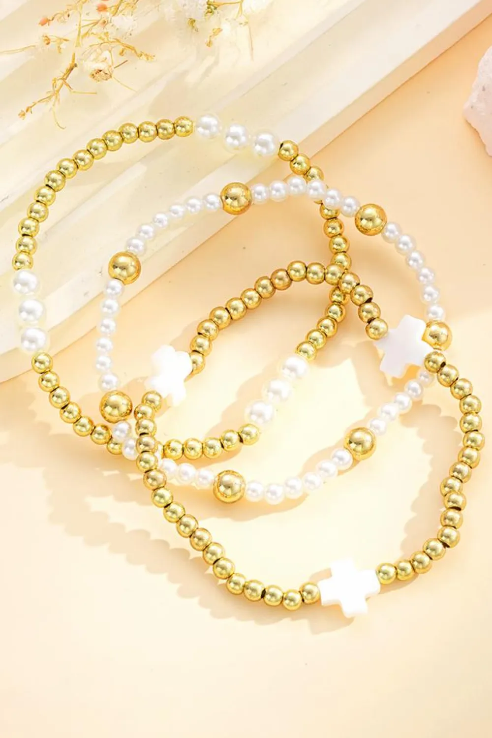 Clearance Dear-Lover Pearl Plated Alloy Multi Layer Stretch Bracelet Gold