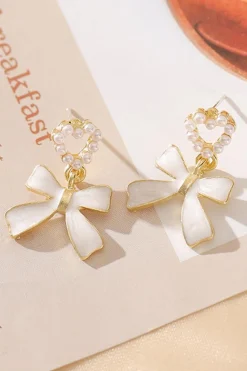 Best Dear-Lover Pearled Heart Shape Bow Knot Dangle Earrings Gold