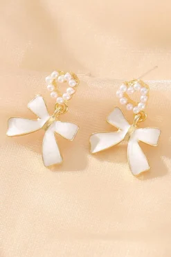 Best Dear-Lover Pearled Heart Shape Bow Knot Dangle Earrings Gold