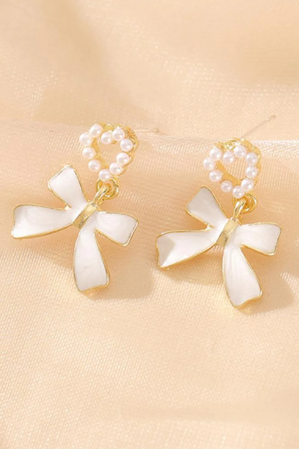 Best Dear-Lover Pearled Heart Shape Bow Knot Dangle Earrings Gold
