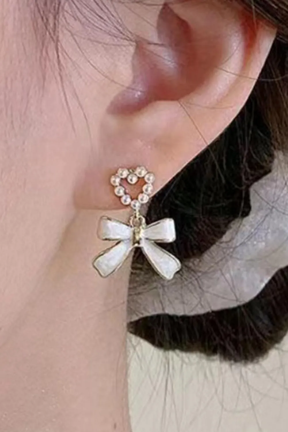 Best Dear-Lover Pearled Heart Shape Bow Knot Dangle Earrings Gold