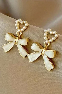 Best Dear-Lover Pearled Heart Shape Bow Knot Dangle Earrings Gold