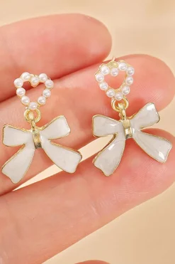 Best Dear-Lover Pearled Heart Shape Bow Knot Dangle Earrings Gold