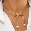 Online Dear-Lover Pearly Bow Plated Collarbone Necklace Gold