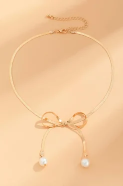 Online Dear-Lover Pearly Bow Plated Collarbone Necklace Gold