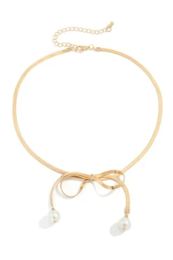 Online Dear-Lover Pearly Bow Plated Collarbone Necklace Gold