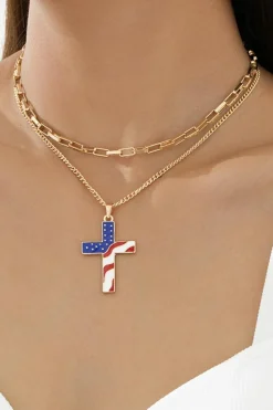Sale Dear-Lover Plated Double Chain Stars and Stripes Cross Pendent Necklace Gold