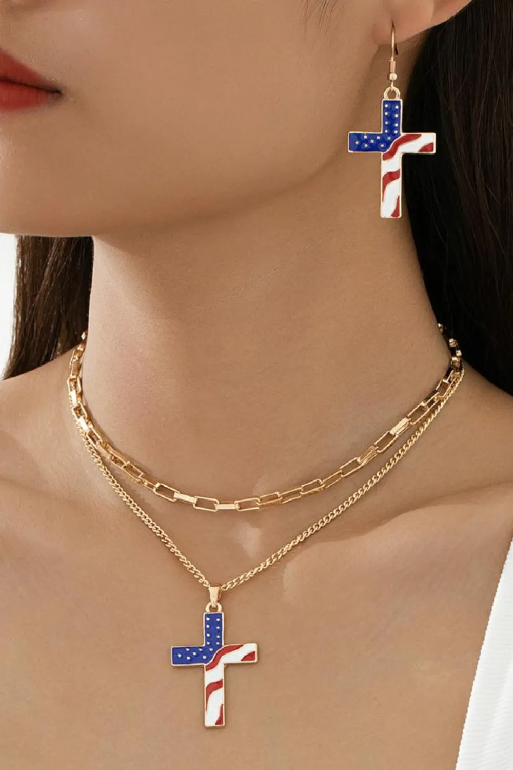 Sale Dear-Lover Plated Double Chain Stars and Stripes Cross Pendent Necklace Gold