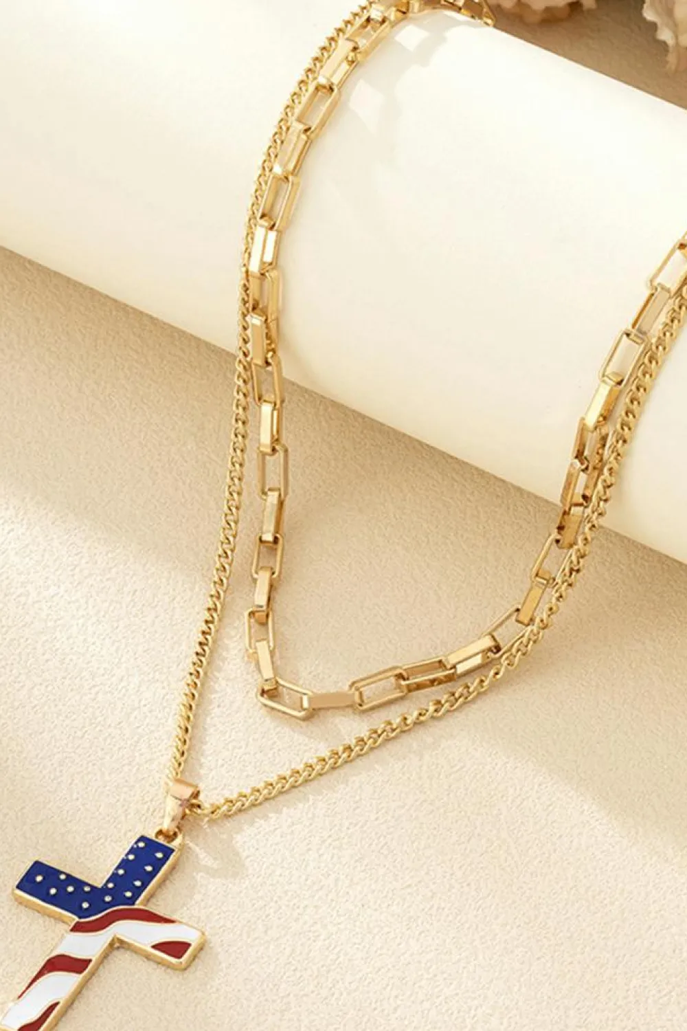 Sale Dear-Lover Plated Double Chain Stars and Stripes Cross Pendent Necklace Gold