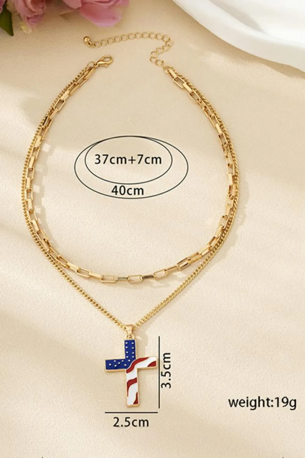Sale Dear-Lover Plated Double Chain Stars and Stripes Cross Pendent Necklace Gold
