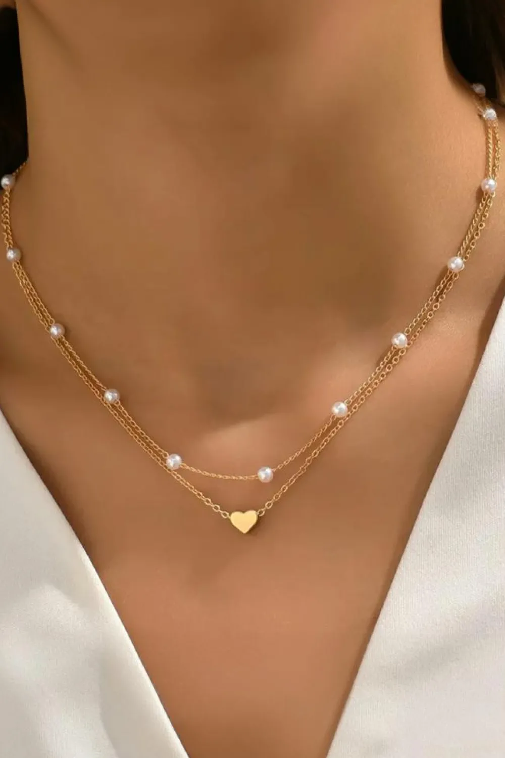 Outlet Dear-Lover Plated Heart and Pearl Detail 2pcs Layered Necklace Gold