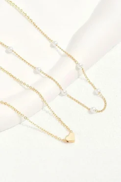 Outlet Dear-Lover Plated Heart and Pearl Detail 2pcs Layered Necklace Gold